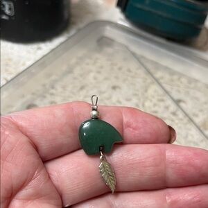 Green Elephant Pendant with Silver Leaf Charm